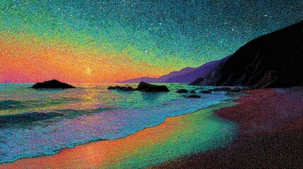 Bright Neon Gel Pen Art of Beach with Sparkling Water. High Resolution Generation AI Illustration Featuring Vibrant Coastal Scene.