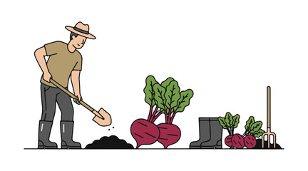 A collection of vector illustrations featuring beet root harvesting. Includes icons for gardening, farming, shovels, spades, and gum boots on a white backdrop.