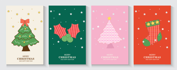 Merry Christmas and Happy New Year background, banner, cover, poster design with trendy flat style.Creative retro hand drawn Christmas cards, Festive xmas concept in Vintage paper fabric Bows Seamless