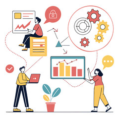 vector illustration of a business man with chart Vector illustration of digital marketing strategy, SEO, content planning with icons and people.