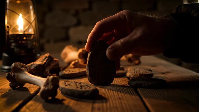 Man's hand selecting and placing ancient rune stones from a collection with bones and a lantern, pagan ritual footage.
