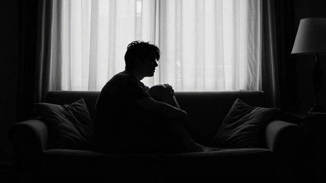 Silhouette of a person sitting alone on a couch in darkness
