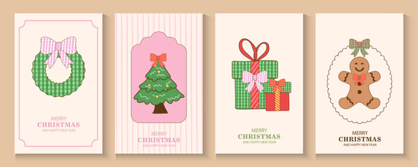 Merry Christmas and Happy New Year background, banner, cover, poster design with trendy flat style.Creative retro hand drawn Christmas cards, Festive xmas concept in Vintage paper fabric Bows Seamless