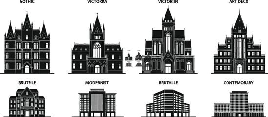 Obraz premium Architectural building silhouettes, Gothic, Victorian, Art Deco, Brutalist, Modernist, Contemporary styles, historic and modern design, cad drawing flat vector 