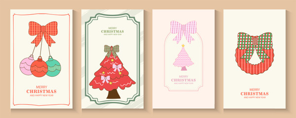 Merry Christmas and Happy New Year background, banner, cover, poster design with trendy flat style.Creative retro hand drawn Christmas cards, Festive xmas concept in Vintage paper fabric Bows Seamless