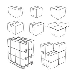 Cardboard box lines, various sizes of parcels, both closed and open lids, many boxes can be arranged on a pallet.