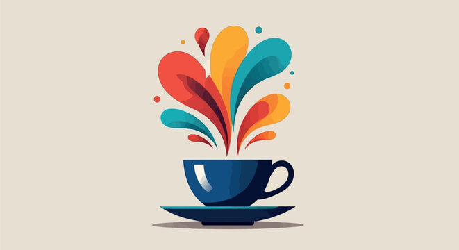Vector art of blue coffee cup with colorful abstract splashes