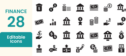 Collection of 28 editable finance and banking icons representing growth money and investment opportunities