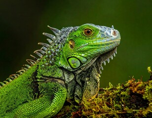 Fototapeta premium A close-up of a vibrant green reptile, a large lizard with spiky dorsal scales, perched on mossy vegetation. The creature is in sharp focus against a blurred backdrop