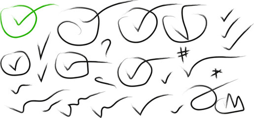 Hand Drawn Check Marks and Symbols on a White Background