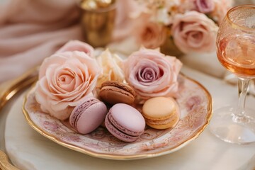 Elegant dessert platter with macarons and roses, evoking luxury, celebration, and sweetness.