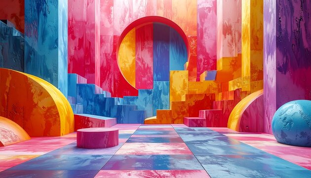 Vivid, textured abstract architectural scene with an arch, platform, and steps using a bright color palette