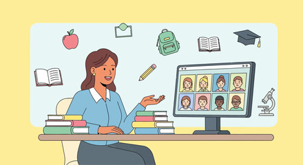 Illustrative depiction of a teacher conducting a virtual classroom session with students
