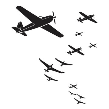 Vector art of formation of vintage airplanes flying in the sky