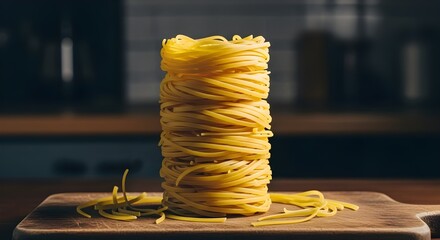 Stack of Dry Tagliatelle Pasta Nests, Raw Italian Food Ingredient on Wood, Dramatic Still Life, Dark Background.