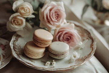 Elegant dessert platter with macarons and roses, evoking luxury, celebration, and sweetness.