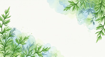 Vibrant watercolor botanical background with delicate green foliage and calming blue and green washes, perfect for elegant invitations, natural branding, or serene designs
