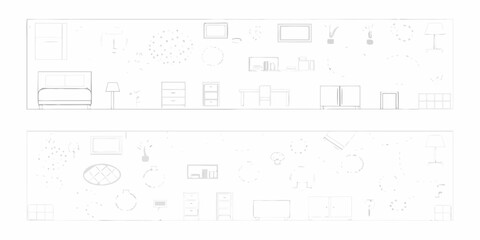 Collection of hand drawn furniture and home decor elements in a minimalist style