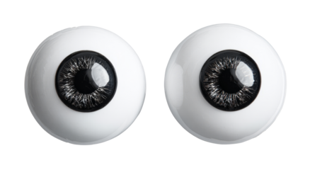 Close Up of Realistic Human Eyes with Dark Irises and Bright Reflections on White Background