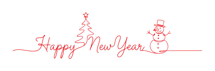 A continuous line drawing featuring the words 'Happy New' in a cursive style, along with a Christmas tree and a snowman.