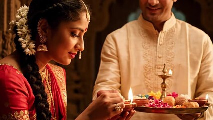 Beautiful indian couple performing sacred karva karwa chauth karaka chaturthi puja rituals with diyas and sweets celebrating marital bliss and longevity