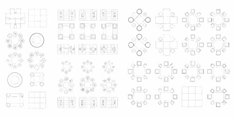 Collection of top down floor plan layouts for various event seating arrangements and table configurations
