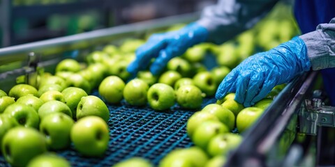 Hand sorting green apples on conveyor belt in food factory