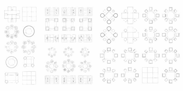 Collection of top down floor plan layouts for various event seating arrangements and table configurations
