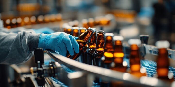 Hand processing beer bottles on production line