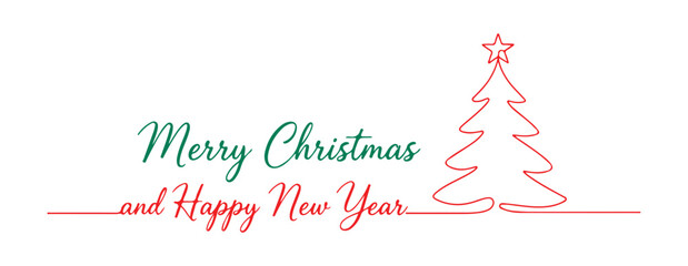 A continuous single line drawing of a Christmas tree. Wishing you a Merry Christmas and a Happy New Year! Concept for the new year. Handwritten text in one line. Minimalistic outline in one line style