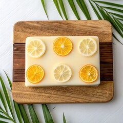 Handmade soap with lemon and orange slices on a wooden board
