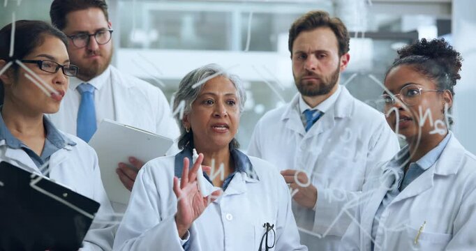 Discussion, teamwork or scientist with glass board in lab, formula or solution for pharmaceutical test. Collaboration, brainstorming or people with equation to study medicine, idea or plan for answer