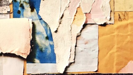 Textured paper collage with torn edges displaying abstract elements in varied color tones - Powered by Adobe
