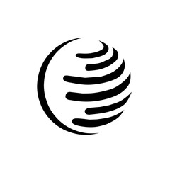 A sleek, black and white abstract logo depicting a dynamic globe or sphere formed by multiple curved, horizontal lines, symbolizing global connection and technology.