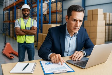 Business manager analyzing financial charts on laptop with warehouse worker in safety vest standing in background among stacked boxes. Ai generative
