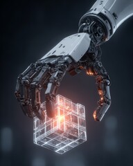 Fototapeta premium Robotic arm assembling a glowing cube, representing Industry 5.0, automation, and human-machine collaboration.