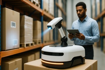 Autonomous warehouse robot scanning barcodes on boxes while a worker monitors using a tablet in a smart logistics center with shelves in background. Ai generative