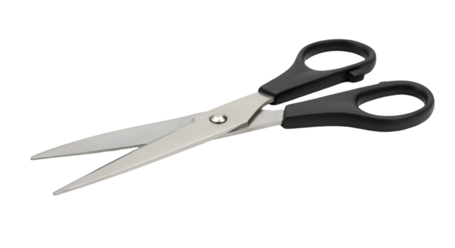 A sharp, open pair of metal scissors on a white background is a versatile cutting tool and office object