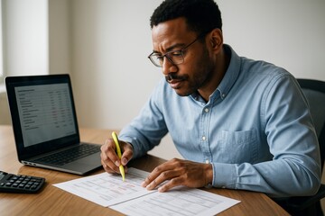 Focused businessman analyzing financial documents with yellow pen at desk, using laptop and calculator in office with light background. Ai generative