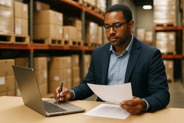 Business professional analyzing logistics data in warehouse with laptop and documents on table, surrounded by boxes on shelves in background. Ai generative