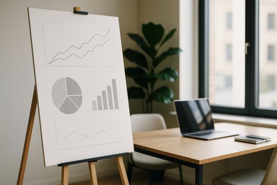 Modern office interior with flip chart showing business graphs and laptop on wooden desk in natural light near large window and green plant decor. Ai generative - Powered by Adobe