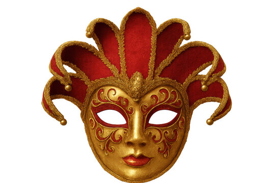 Venetian carnival mask with red and gold jester design