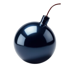 Glossy dark blue round bomb with black fuse ready to explode dramatic lighting isolated on transparent background