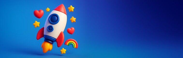Fototapeta premium Colorful cartoon rocket with hearts, stars, and rainbow on blue background with copy space for poster, banner, or advertising template design. Ai generative