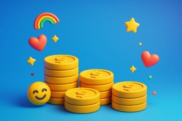 Stacked yellow coins with happy emoji, hearts, stars, and rainbow on blue background symbolizing creative business success and financial joy. Ai generative