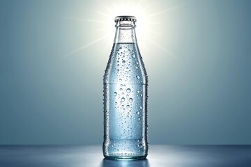 A glass bottle of water with condensation on a blue background