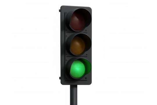 Traffic light showing green signal for safe road navigation and journey, transparent background