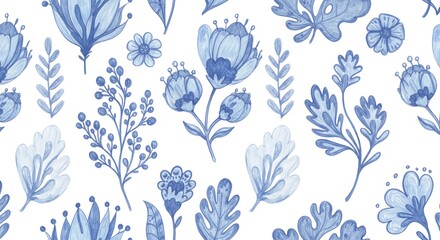 Charming watercolor blue floral pattern evokes serene elegance for delicate designs, perfect for textiles, stationery, and whimsical branding that whispers natural beauty and artisanal charm.