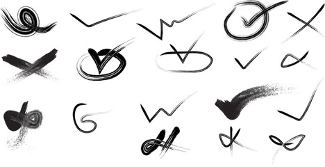 Abstract Brush Stroke Check Marks and Crosses on White Background