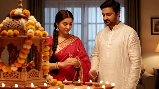 Indian couples karva karwa chauth karaka chaturthi puja devotion and tradition at a home temple with lit diyas and marigold garlands